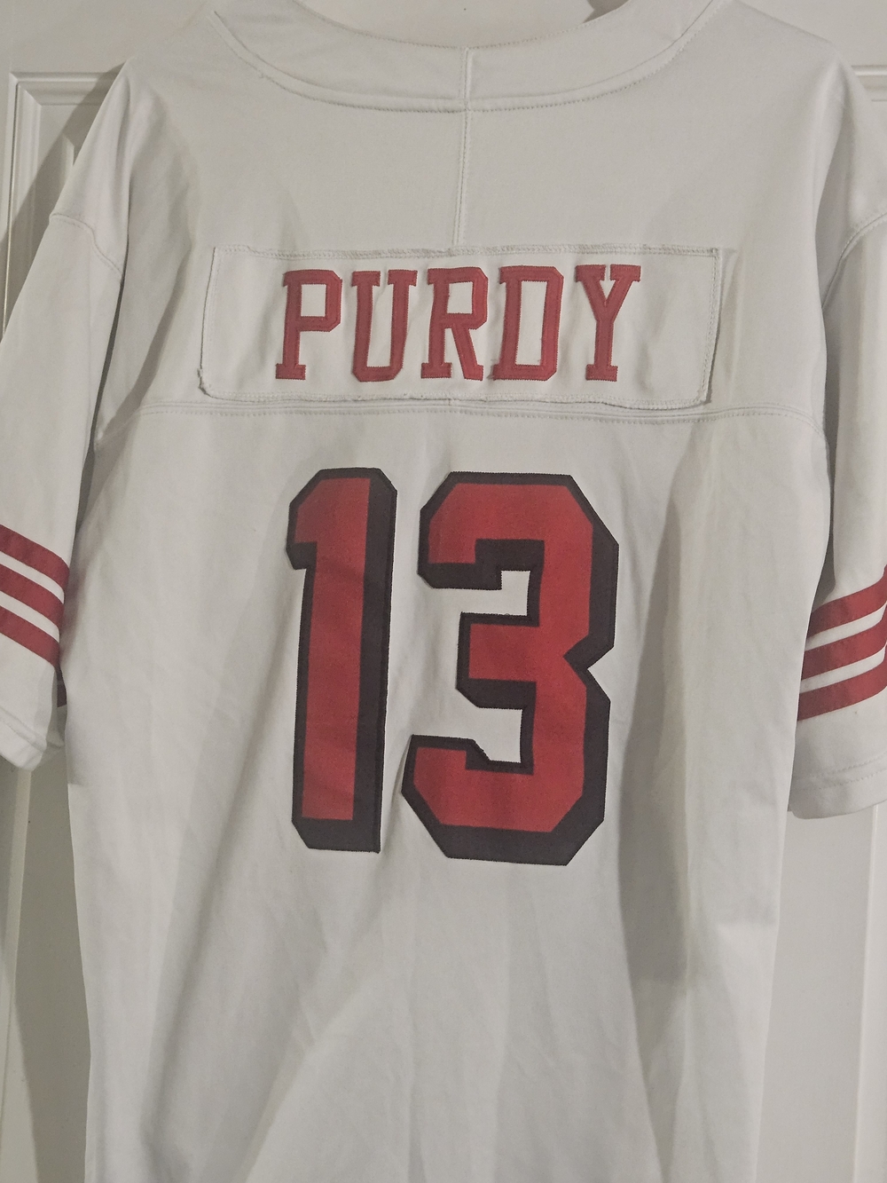 49ersWhite Men's Jersey  with Red 13 and Sleeve Stripes